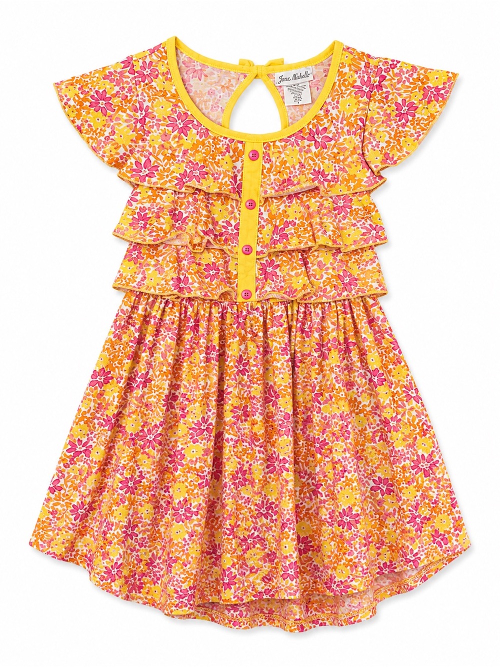 Jona Michelle Floral Ruffle Handkerchief Hem Dress Pink Yellow Flutter Sleeve 8